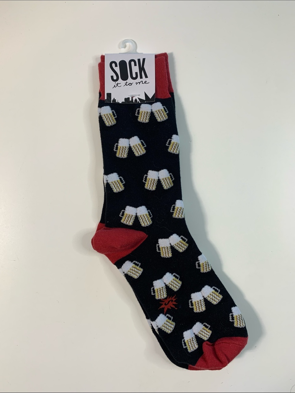 Sock It To Me Men’s Black Beer Mug Crew Socks with Red Accents